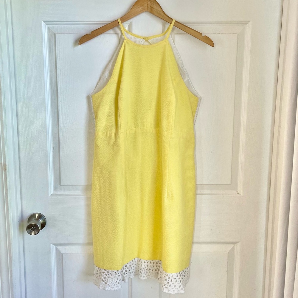 Lauren James Yellow Seersucker Dress with White Eyelet Lace Trim